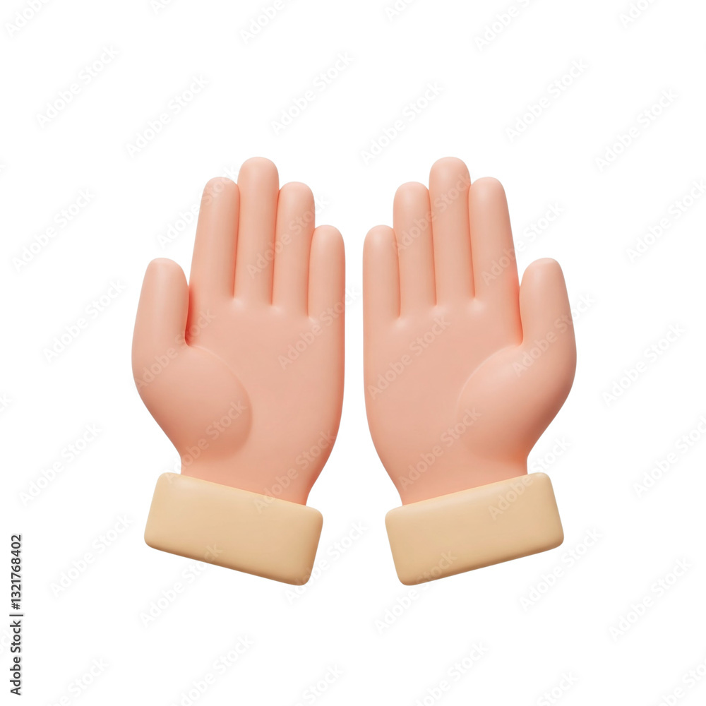 Prayer Hands Icon: An inviting 3D illustration of two hands held up in a gesture of prayer, faith, or supplication, rendered with a soft, inviting aesthetic. Prayer Hands Icon: An inviting 3D illustration of two hands held up in a gesture of prayer, faith, or supplication, rendered with a soft, inviting aesthetic.