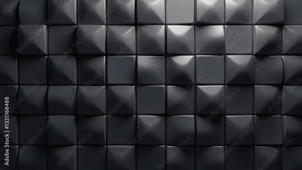 Fototapeta premium Dark Geometric Padded Tiles with Glossy Highlights. Modern 3D Cushion-Like Square Grid for Interior Decor.