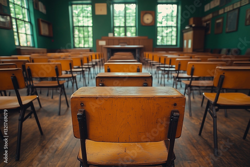 Calm and unoccupied empty classroom featuring wooden chairs and desks, highlighting its serene ambiance and welcoming environment, Back to school concept, no people