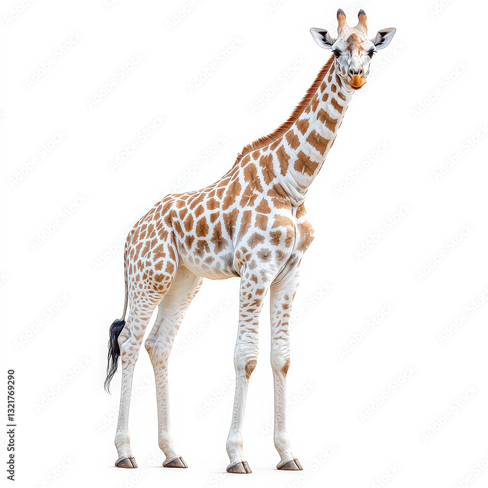 Fototapeta premium tall and elegant giraffe stands isolated on white background, showcasing its unique pattern and long neck