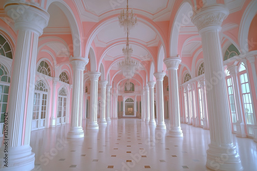 Elegant White and Pink Palace with Towering Pillars and a Radiant Central Chandelier