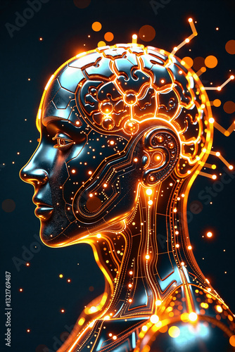 Close-up of the brain of an AI robot made of golden circuits - Generative AI
