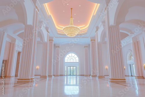 Majestic Pink and White Palace with Grand Columns and a Stunning Chandelier