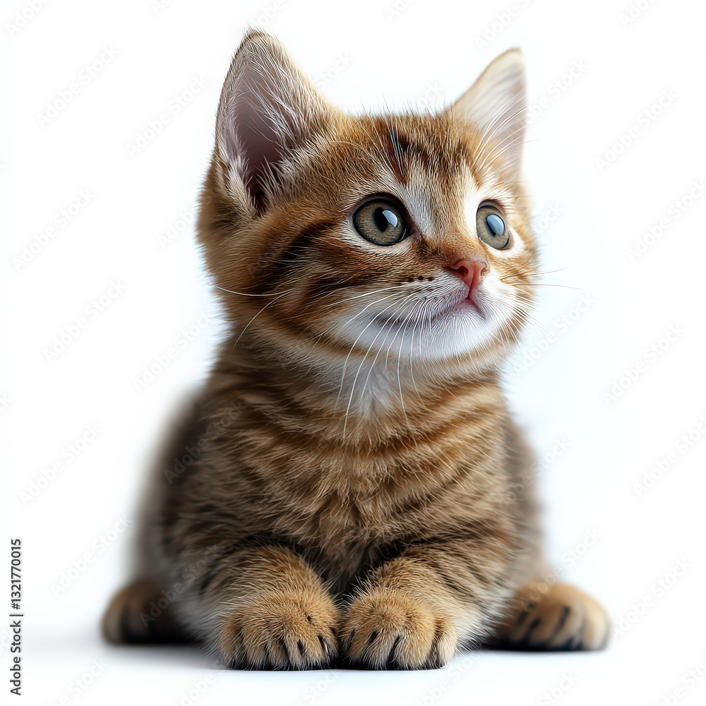 Obraz premium cute tabby kitten with striking green eyes sits attentively on white background, showcasing its detailed fur pattern and curious expression