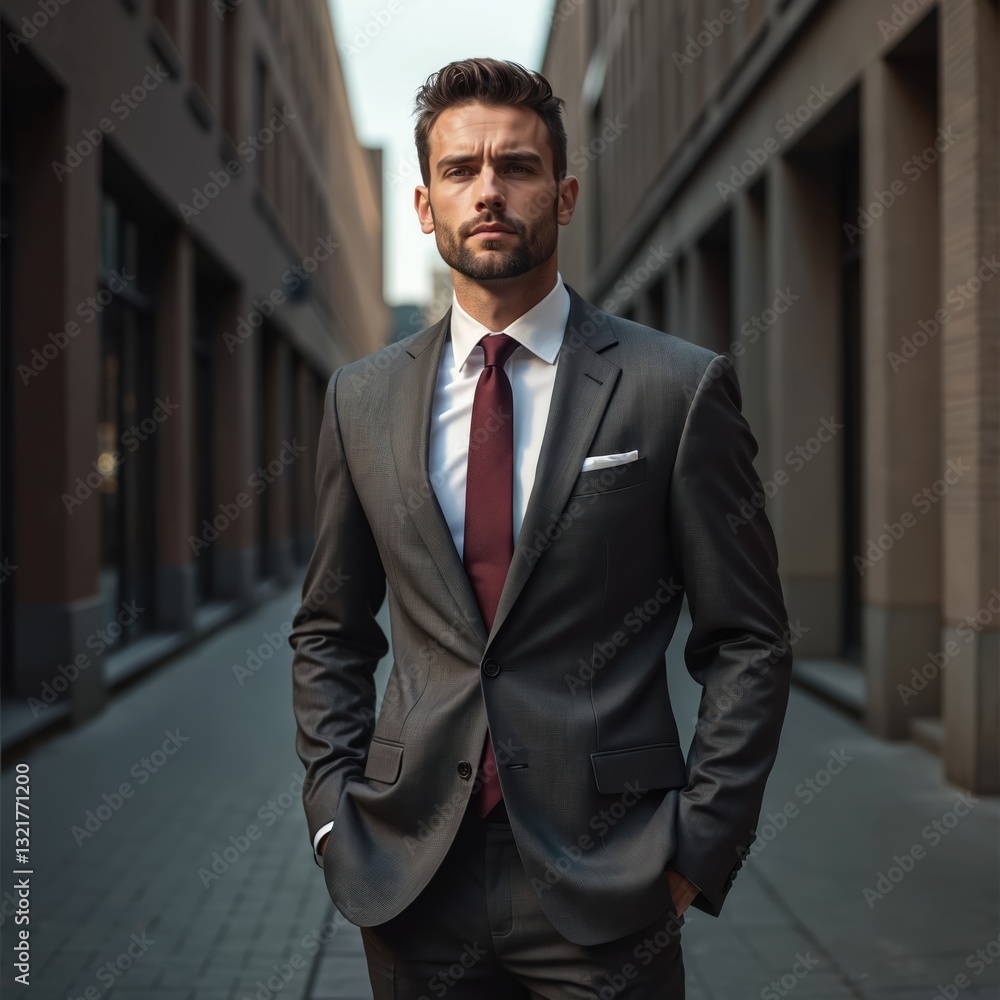 AI generated image. Man dressed in grey suit, red tie confidently stands outdoors in city alley. Pro attire suitable for business, corporate imagery. Stylish, modern, with confident posture. Male AI generated image. Man dressed in grey suit, red tie confidently stands outdoors in city alley. Pro attire suitable for business, corporate imagery. Stylish, modern, with confident posture. Male