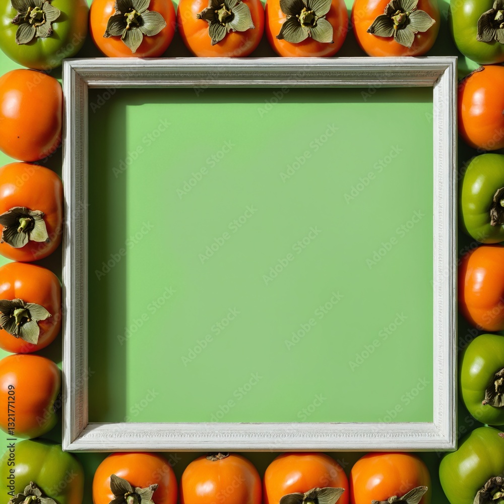 Fresh kaki persimmon fruits on green. Top view flat lay, copy space