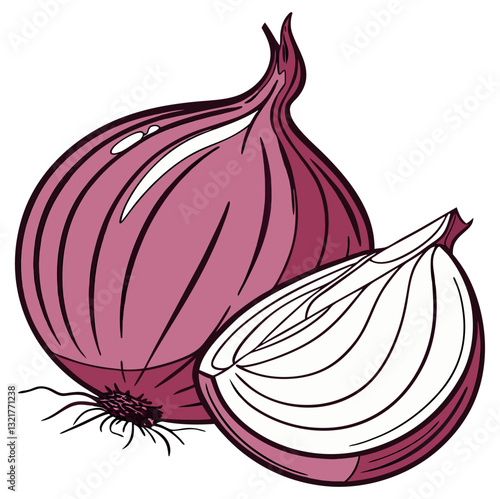 Fresh red onion, a healthy purple vegetable and organic ingredient, is isolated on white background