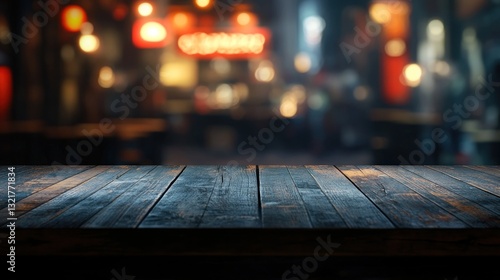 Dark wooden table against blurred night city backdrop.