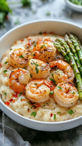 Delicious Shrimp and Grits With Asparagus Served in a Bowl