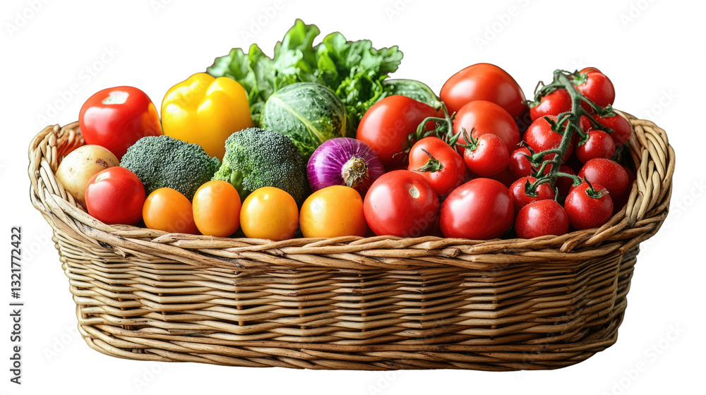 Basket of Fresh Harvest: A rustic basket overflows with a colorful assortment of fresh, organic vegetables and fruits. Basket of Fresh Harvest: A rustic basket overflows with a colorful assortment of fresh, organic vegetables and fruits.