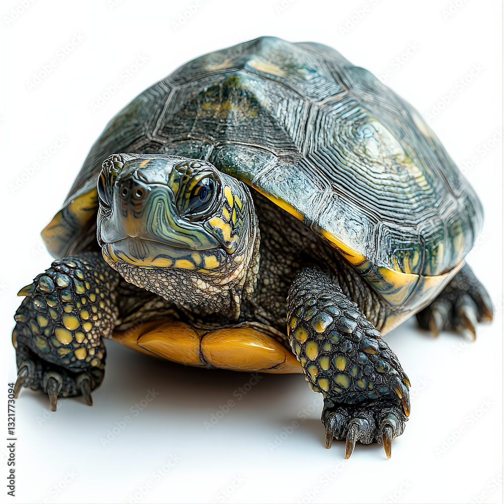 Obraz premium detailed turtle with textured shell and intricate patterns on white background. turtle full body is visible, showcasing its unique markings and natural colors