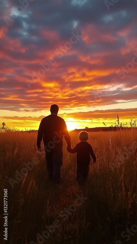 Sunset Stroll in a Grassy Field Creates a Moment of Connection Between Parent...