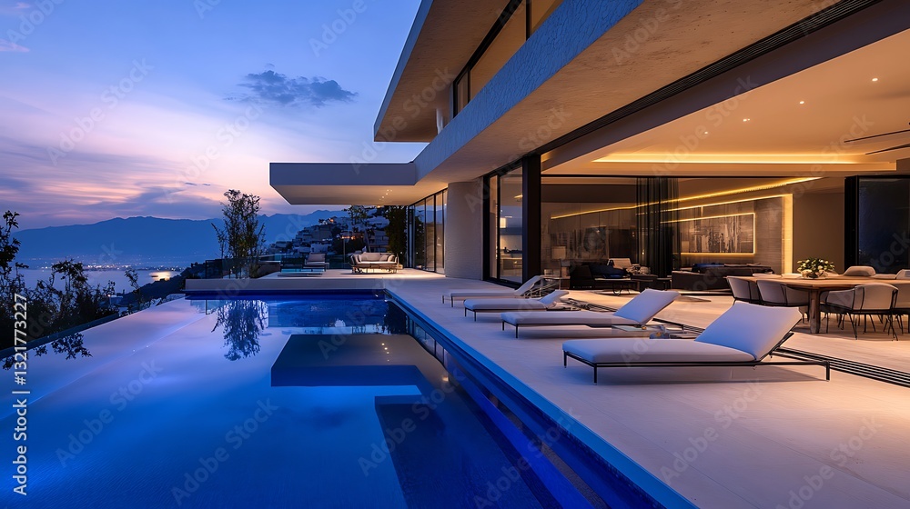 Fototapeta premium Luxury Villa with Infinity Pool Overlooking Mountain Landscape at Dusk
