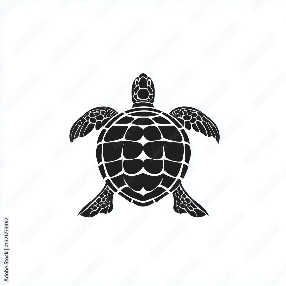 Fototapeta premium A black and white vector illustration of a sea turtle, featuring a detailed shell and flippers, symbolizing ocean life, conservation, and peaceful endurance