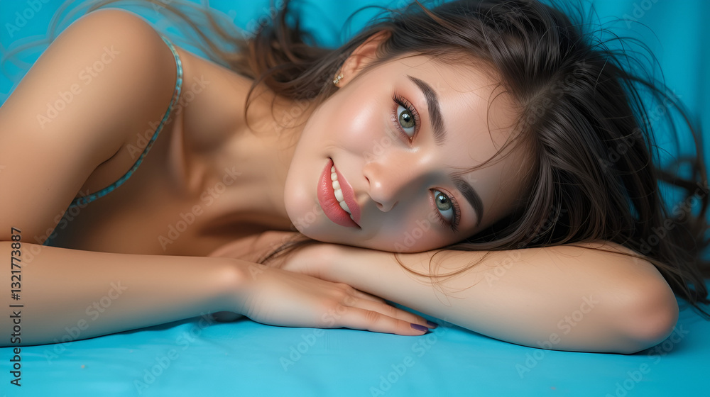 Portrait of attractive cheerful curious woman resting fantasizing isolated over bright blue color background Portrait of attractive cheerful curious woman resting fantasizing isolated over bright blue color background