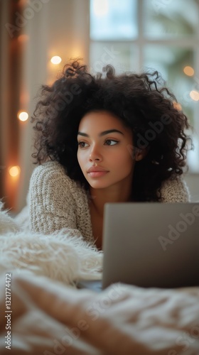 Young Woman With Curly Hair Works on Laptop in Cozy Setting During Evening Hours