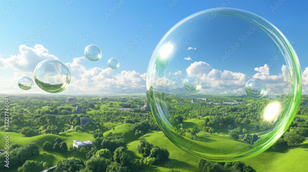 series of large, transparent bubbles float over lush, green landscape with rolling hills and scattered buildings under bright blue sky series of large, transparent bubbles float over lush, green landscape with rolling hills and scattered buildings under bright blue sky