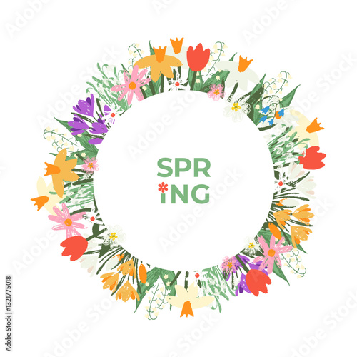 A wreath of spring flowers. Tulips, crocuses, daffodils, lilies of the valley, snowdrops. Decorative floral frame. Vector design template