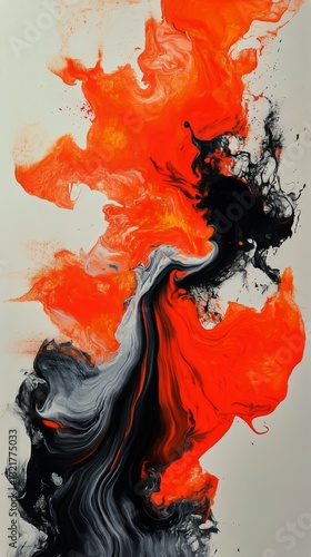 Vibrant Abstract Artwork Featuring Orange, Black, and Gray Colors Blending Se...