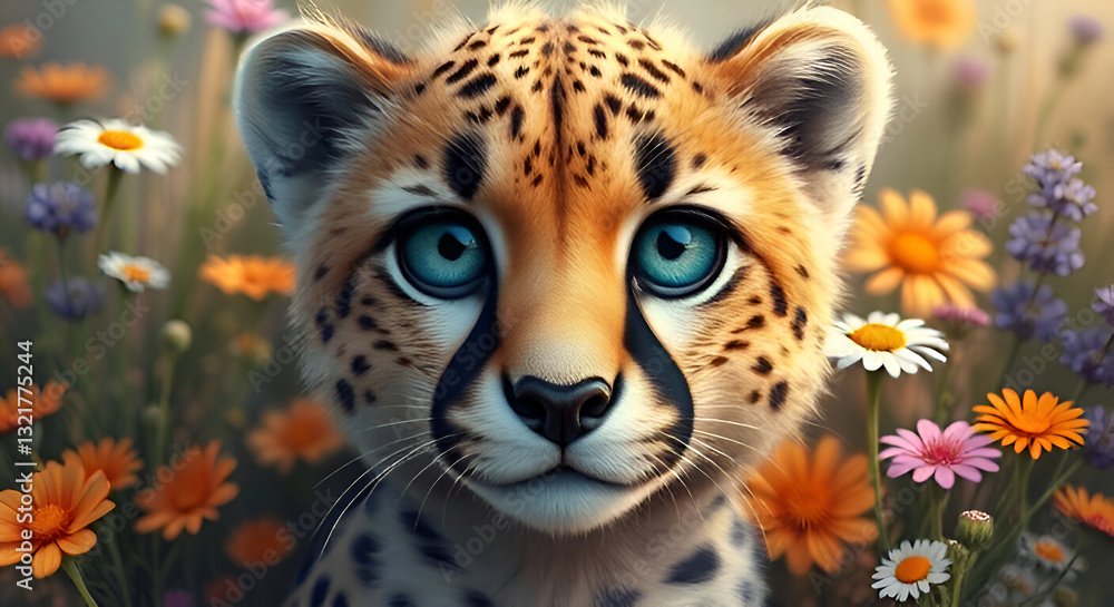 Fototapeta premium a painting of a cheetah surrounded by wildflowers and other wildflowers, with a blue - eyed, blue - eyed, blue - eyed, black - eyed, leopard - eyed, leopard - like face,.Generative AI 