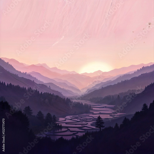 Sunset Valley Rice Terraces Peaceful Dream Representing Serenity
