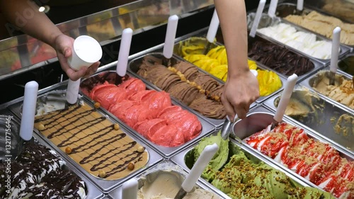 Ice cream vendor serving a scoop of pistachio ice cream with a spatula, adding it to a cup in a display fridge full of different ice cream flavors