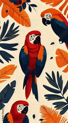 Colorful Parrots With Tropical Leaves in a Vibrant Pattern