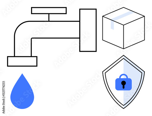 Tap with blue water drop, package box, and security shield with lock. Ideal for water conservation, shipping safety, protection, resource management, secure delivery, packaging integrity