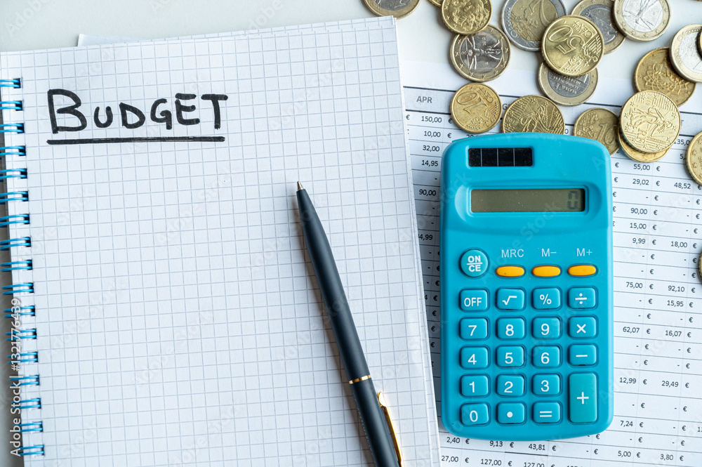 Notebook with family budget, calculator table, and money next to it. Price increases and economic difficulties.
Notebook with family budget, calculator table, and money next to it. Price increases and economic difficulties.