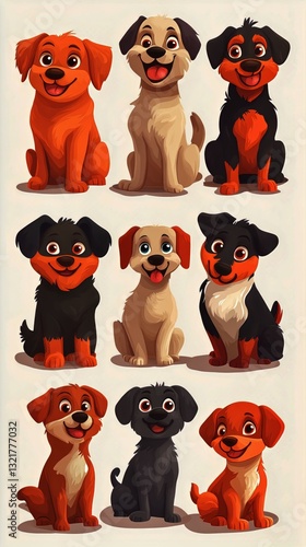 Fun Cartoon Dogs Displaying Different Expressions in a Colorful Illustration