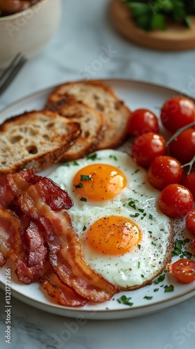 Delicious Breakfast With Crispy Bacon, Fried Egg, and Cherry Tomatoes Served ...