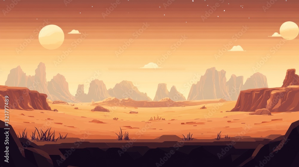 Obraz premium Desert landscape at sunset with rocky mountains and sparse vegetation.