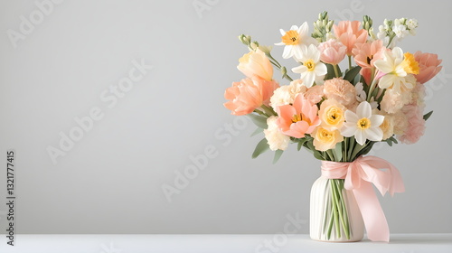 soft pastel pink tulips and flowers  on soft pink background. trendy, concept women's day, march, 8th . Wallpaper background. , top view, copy space, spring, summer, macro