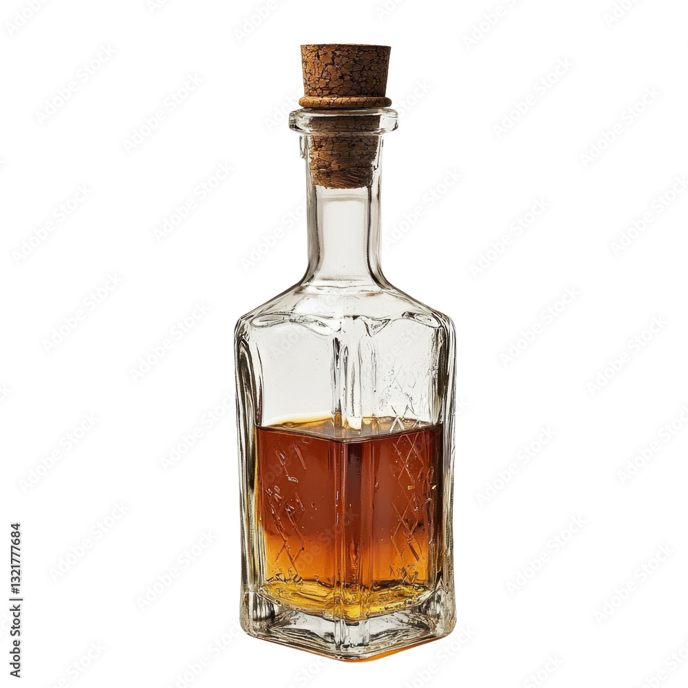 Elegant Glass Bottle with Cork and Golden Liquid Inside Elegant Glass Bottle with Cork and Golden Liquid Inside