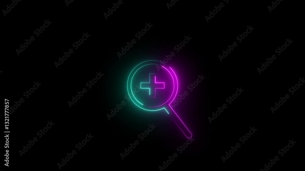 Neon magnifying glass search icon with neon plus icon animation on black background, Abstract red symbol icon of zoom in button Neon magnifying glass search icon with neon plus icon animation on black background, Abstract red symbol icon of zoom in button