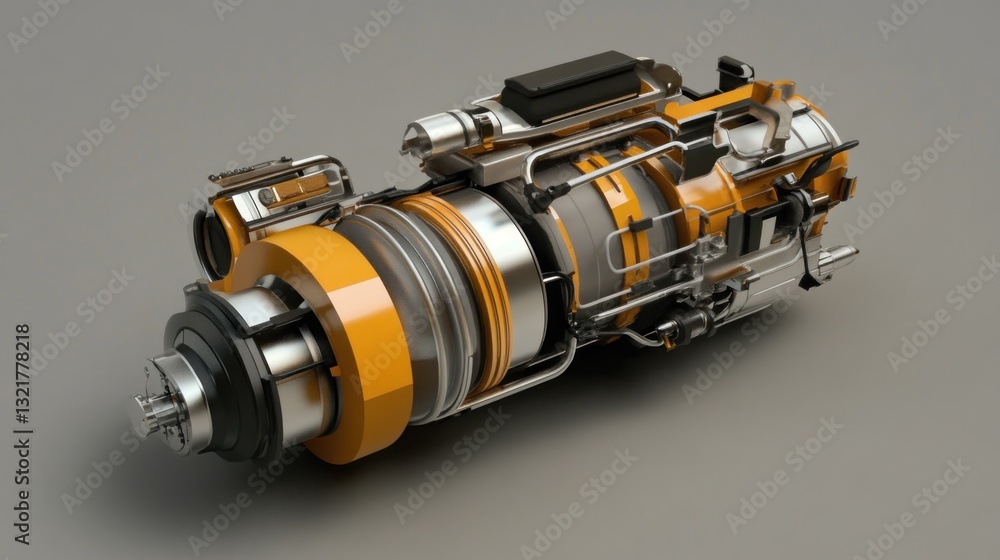 Detailed 3D render of a futuristic, yellow and grey engine, showcasing intricate internal mechanisms and components. Detailed 3D render of a futuristic, yellow and grey engine, showcasing intricate internal mechanisms and components.