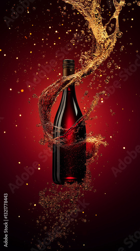 Red Wine Bottle with Splash and Bubbles