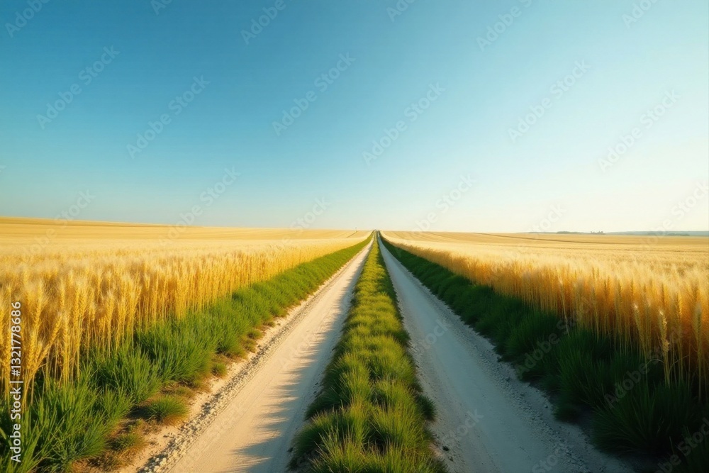 A sunlit country lane bisects a field of golden grain, bordered by vibrant green vegetation, extending towards a clear horizon. A sunlit country lane bisects a field of golden grain, bordered by vibrant green vegetation, extending towards a clear horizon.