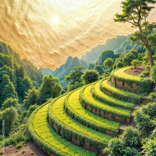 Lush Rice Terraces Serene Sunset Representing Agricultural Beauty