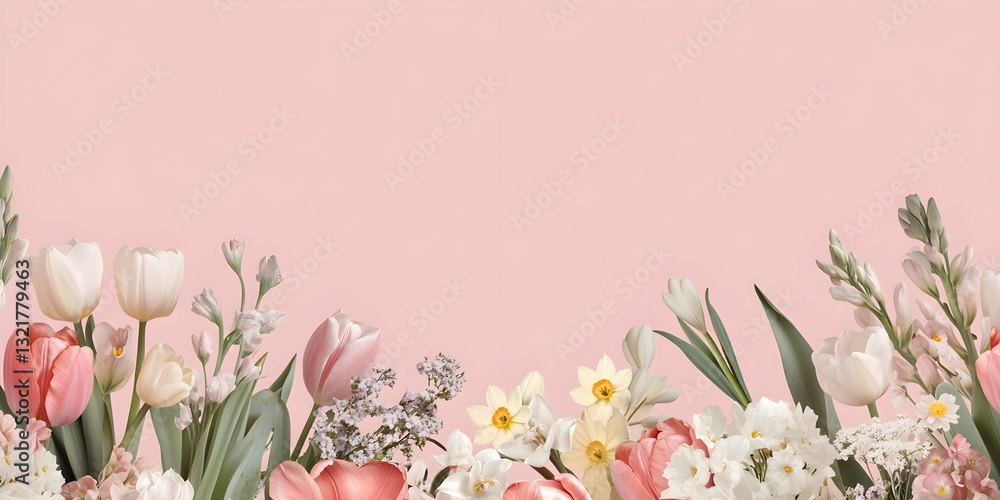 Naklejka premium soft pink tulips on peach pink background. trendy, concept women's day, march, 8th . Wallpaper background. , top view, copy space, spring, summer, macro