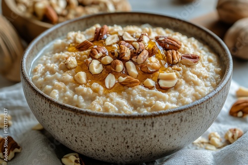 Healthy Breakfast Bowl With Oatmeal, Honey, and Nuts on Wooden Table