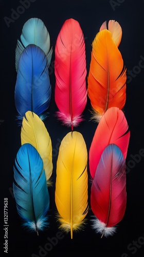Vibrant Feathers in Various Colors Arranged Artistically on a Dark Background