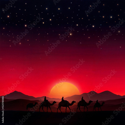 Camel Caravan Silhouette with Desert Sunset Journey