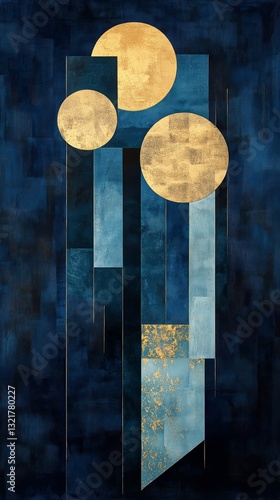 Abstract Blue and Gold Artwork Featuring Geometric Shapes and Circular Design...