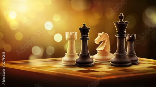 A captivating chess game illustration showcasing strategic pieces on a wooden board.  A masterpiece of artistic skill.