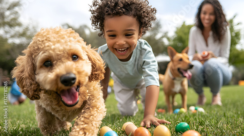 joyful community Easter event with kids, parents, and pets enjoying outdoor activities