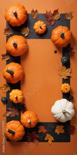 Obraz na płótnie Halloween Flat Lay with Pumpkins, and Autumn Leaves on Orange Background. w salonie