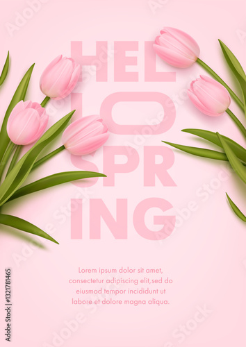 Hello spring web banner, poster, flyer or greeting card design template with realistic 3d tulips on pink background. Vector illustration