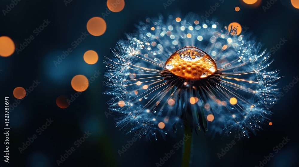 Fototapeta premium Dewdrop on dandelion seed head, bokeh background.