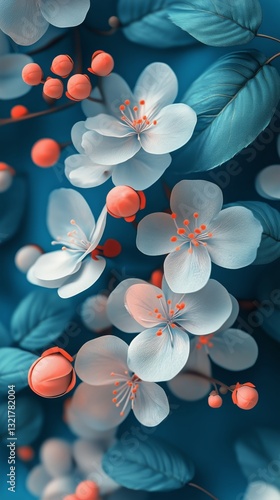 Beautiful Pink Cherry Blossoms Arranged on a Vibrant Blue Background Creating...